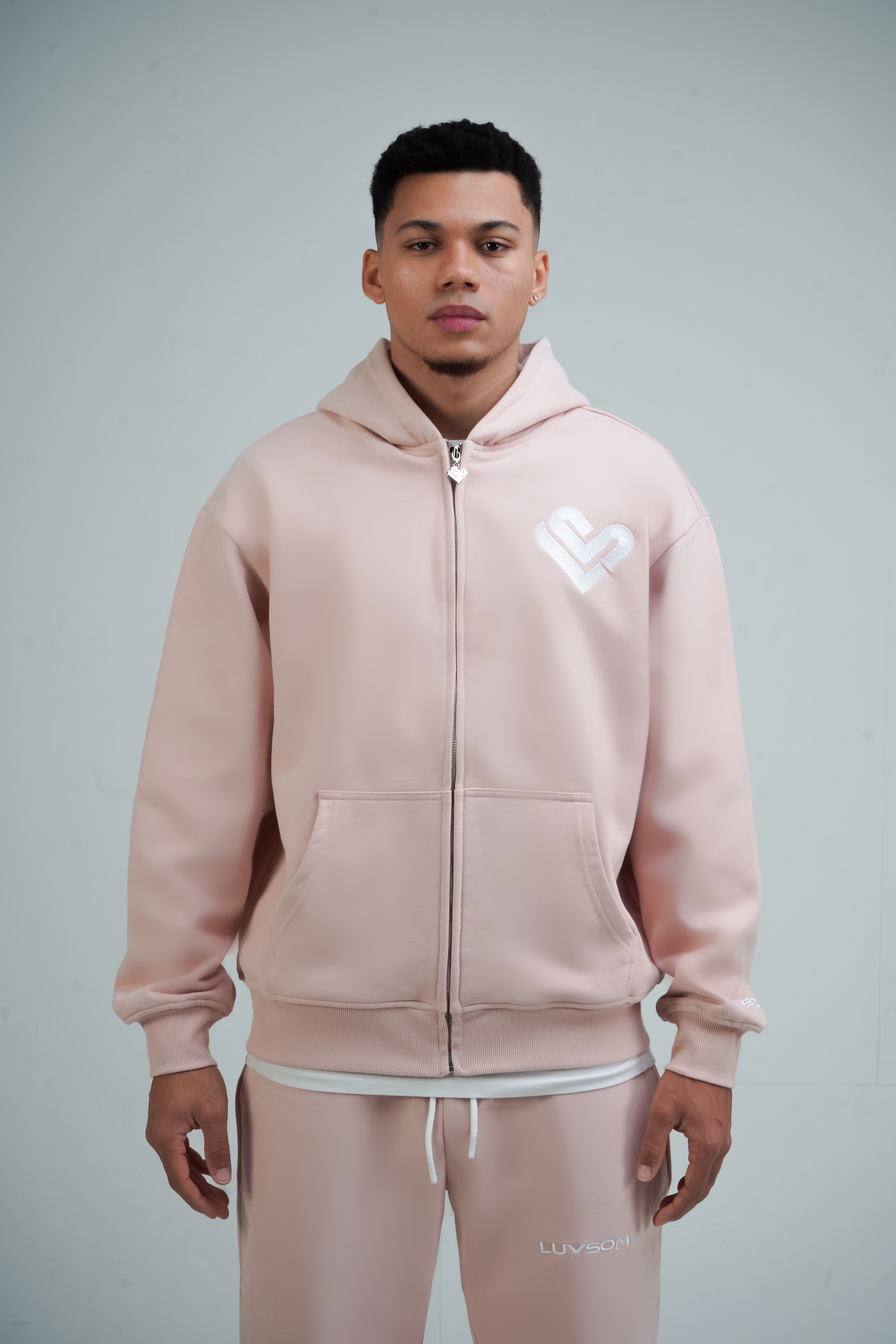 LUVSOM HEART ZIP HOODIE BABY PINK